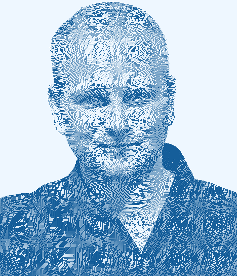 Portrait of Robert Wydra in a blue two-colour dither.
